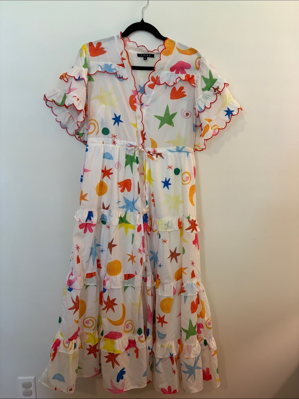 White Dress with Bright Multi-Color Stars & Shapes